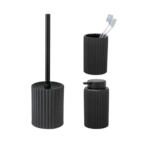 SCHÖNER WOHNEN Badaccessoire-Set »Soliera«, 3 tlg. - Elegantes Badaccessoire-Set aus Keramik mit Rillenstruktur in Schwarz, inklusive Zahnputzbecher, Seifenspender und WC-Garnitur - ideal für ein stilvolles Badezimmer.