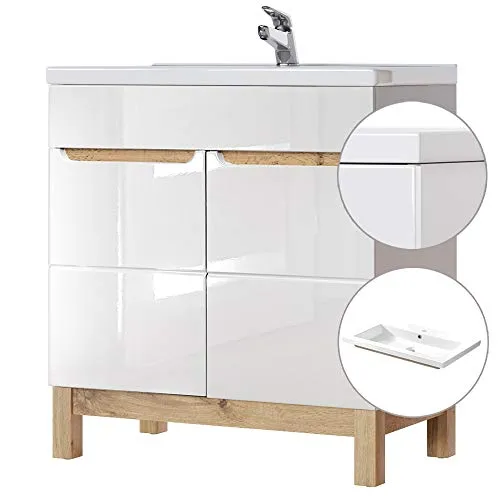 Lomadox Badmöbel Waschtisch Set 80cm - Hochglanz weiß & Wotaneiche Unterschrank mit 2 Softclose-Türen, inklusive 81cm Keramik-Waschbecken. Bietet großzügigen Stauraum und moderne Optik für Ihr Badezimmer.