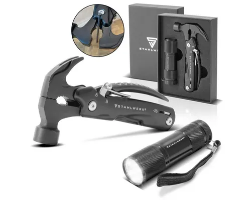 STAHLWERK Multitool – 12-in-1 Multifunktionswerkzeug - Multitools, vielseitig einsetzbar mit Hammer, Messer und LED Taschenlampe, ideal für Alltagsgebrauch und Outdoor-Aktivitäten, geliefert in praktischer Geschenkbox.