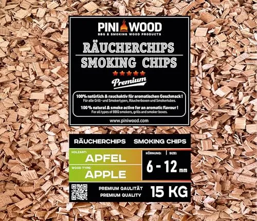 PINI 15 Kg Apfel Räucherchips - Räucherchips aus 100% naturbelassenem Apfelholz, ideal für Gas-, Elektro- und Holzkohlegrills. Verleihen Sie Ihren Gerichten eine dezente Süße und ein angenehmes Fruchtaroma!