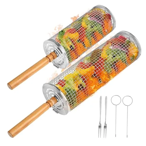 Rollender Grillkorb - 2 PCS Nestbares Rollender Grillkorb Set, 304 Edelstahl mit Abnehmbarem Holzgriff, Für Gemüse und Fleisch, Outdoor Grillen/Camping/Gasgrill Zubehör