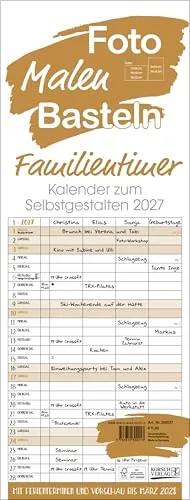 Foto-Malen-Basteln Familientimer gold 2027: Familienplaner mit 4 Spalten als Fotokalender zum Selbstgestalten. Familienkalender mit Ferienterminen und festem Bastelpapier.