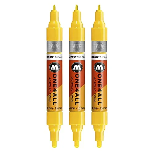Molotow One4All Acrylic Twin Marker (Strichstärke 1,5 mm und 4 mm, hochdeckend und permanent) 3 Stück Farbe 006 zink gelb
