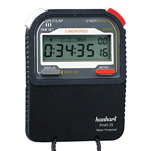 Stoppuhr Pro 25 1/100 Sek.dig.HANHART - Trainingszubehör mit robuster, wassergeschützter Bauweise und präziser 1/100 Sekunde Messung, perfekt für Sportler und Trainer.