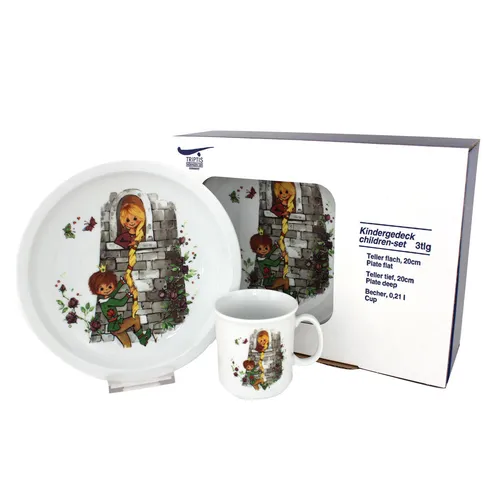 Triptis-Porzellan Rapunzel Kindergedeck, 3-teilig - Kindergeschirrset mit Märchenmotiv Rapunzel, spülmaschinen- und mikrowellengeeignet – perfekt für kleine Märchenliebhaber.