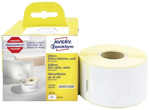 AVERY Zweckform ASS0722400 - Dymo LabelWriter Adressetiketten, 260 selbstklebende Aufkleber, umweltfreundlich und perfekt für den Versand von Briefen und kleinen Warensendungen