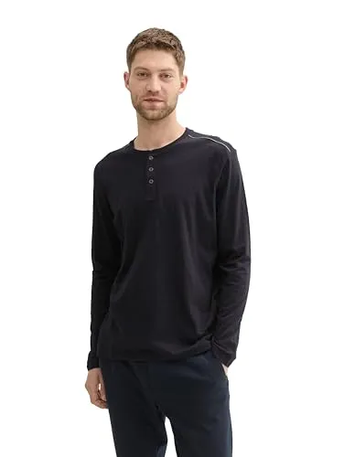 TOM TAILOR Herren Henley Langarmshirt,10916 - Almost Black, XXL