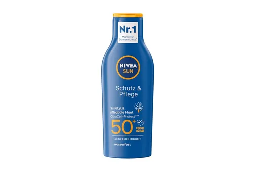 NIVEA SUN Schutz & Pflege Sonnenmilch LSF 50+ - Sonnenschutzmittel mit 48h Feuchtigkeit, schützt vor UVA/UVB-Strahlen und ist wasserfest. Enthält Vitamin E für zusätzlichen Hautschutz und ist 77% biologisch abbaubar.