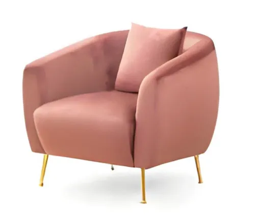 Designer Rosa Sessel mit Edelstahlfüßen für modernes Wohnen - Moderner Lehnsessel in Rosa, ideal für Wohnzimmer und Gästezimmer. Mit bequemen Kissen und stabilen Holzgestell. Perfekt für stilvolle Akzente und gemütliche Stunden.