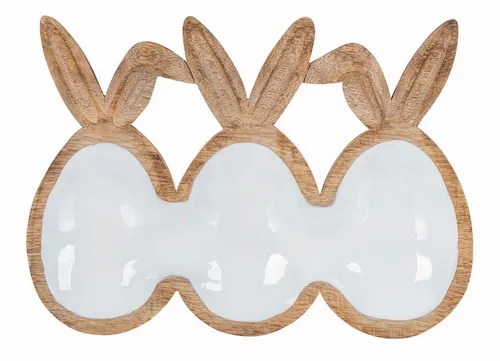 Levandeo® Dekoschale, Deko Schale L26cm Ostereier Hasenohren Mangoholz Natur Weiß