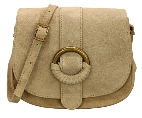 Adel Bags Umhängetasche Damen Echtes Wildleder ELLEN Handgemachte Crossbody Bag 2 Fächer Schultertasche mit Verstellbarer Ledergurt Made in Italy (Helltaupe)