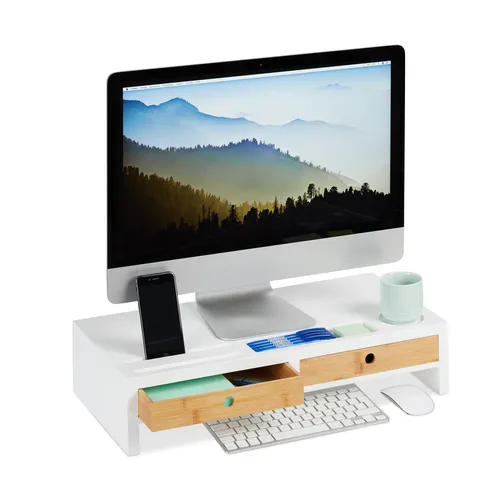 Monitorständer mit 4 Fächern – PC-Halterung für jeden Schreibtisch - Schreibtischaufsatz mit 4 Schubfächern, fertig montiert und ideal zur Platzersparnis. Modernes Design in Weiß, perfekt für jedes Zimmer.