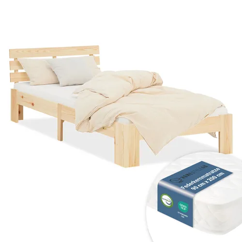 Einzelbett 90x200 cm Massivholz mit Federkernmatratze – Homestyle4u Jugendbett - Schickes Jugendbett aus robustem Kiefernholz, inklusive komfortabler Federkernmatratze. Ideal für einen erholsamen Schlaf in modernem Design.