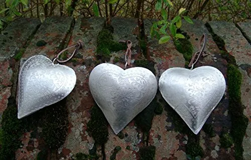 Deko-Hänger, Herzen, 3 Stück, Herzanhänger Eisen Silber zart Gemustert