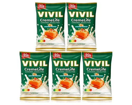 VIVIL Süßigkeit, Vivil Creme Life Caramel Hazelitos Bonbons zuckerfrei 90g 5er Pack