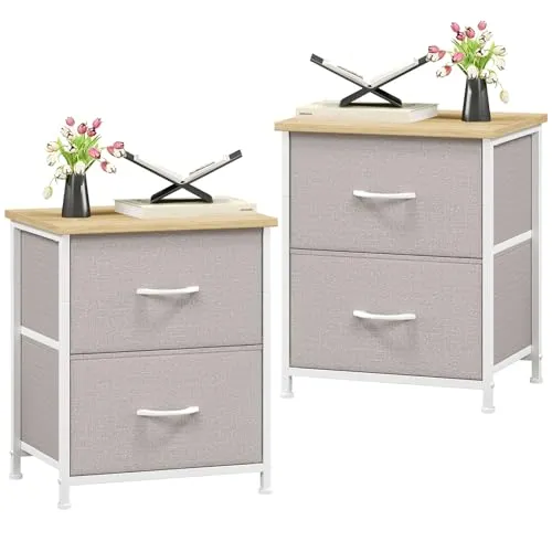 Somdot Nachttisch Schlafzimmer, 2 Stoffschubladen, 1er Set, Aschgrau