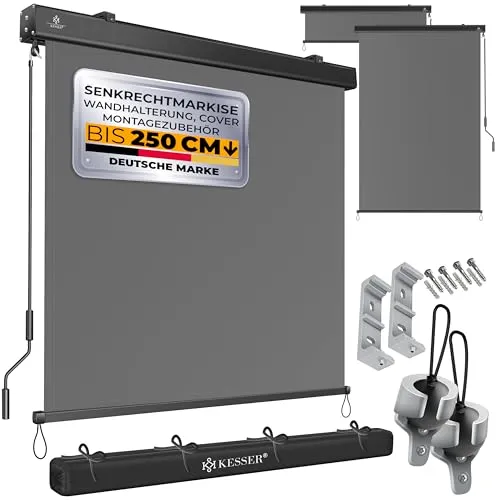 KESSER Senkrechtmarkise - Handkurbel Balkonrollo in Grau - Balkonsichtschutz mit einem robusten Aluminiumgestell und 100% Polyester, ideal für Privatsphäre und Sonnenschutz auf Ihrem Balkon.