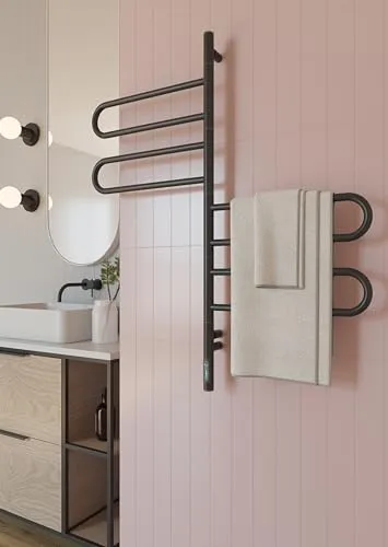 Elna® Handtuchheizkörper Elektrisch Schwarz Matt 102x46 cm, 125W - Badheizkörper Elektrisch Handtuchwärmer Edelstahl 304 mit Timer & Thermostat, IP44-4 Schwenkarme - Handtuchtrockner zur Wandmontage