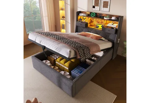 Odikalo Polsterbett Stauraumbett mit Bettkasten LED und Ladestation (90x200 cm mit Hydraulischem Stauraum & LED-Kopfteil, 4 Ladestation (USB/Type-C), Einzelbett Inkl. Lattenrost, Grauer Leinenstoff (Ohne Matratze)