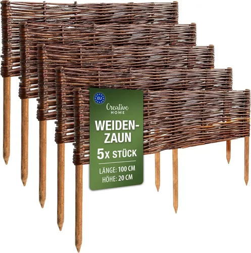 Creative Home Weidenzaun 5er Set | 100 x 20 cm - Braun - Robuste Weidenzäune für eine dekorative Gartenabgrenzung. Wetterbeständig und einfach zu montieren, ideal für Blumenbeete und Gartenwege. Flexibel anpassbar für individuelle Gestaltung.