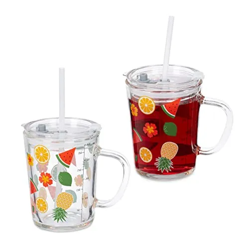 Relaxdays Kindergläser 2er Set, Früchte-Motiv, Trinkglas Kinder, Henkel, Deckel & Strohhalm, 400 ml Skala, transparent