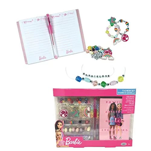 ODS Barbie Fashion Set Tagebuch und Schmuck, 1 Mini-Tagebuch für die Schule mit Glitzer-Stift und Anhängern zur Herstellung von Armbändern, Altersempfehlung +5 Jahre