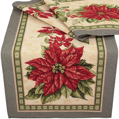 Tischdecke Mitteldecke Tischläufer Gobelin Winter Weihnachtsstern Ecru rot Baumwollmischung (45 x 140 cm)