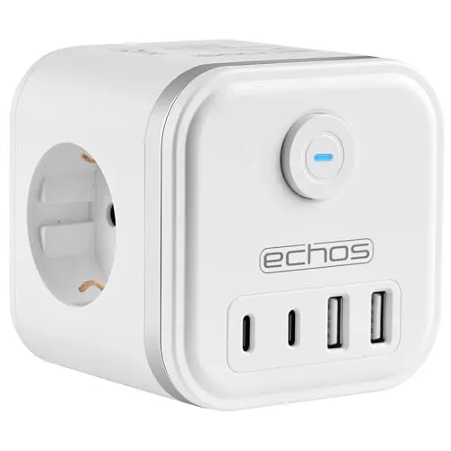 Echos 7-in-1 Steckdosenwürfel mit USB-C - Steckdosen & Zubehör – Kompakte 7-in-1 Lösung mit 3 AC-Steckdosen, 2 USB-A und 2 USB-C für optimale Flexibilität und Sicherheit, ideal für Zuhause, Büro oder Reisen.