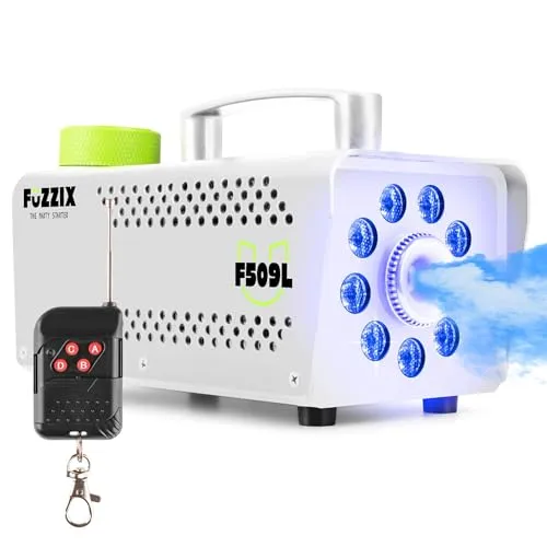 Fuzzix F509LW Nebelmaschine Mini mit LED Lichteffekt, 500 Watt mit Fernbedienung, Rauchmaschine, Smoke Machine mit 9 LEDs RGB für Hochzeiten, Fog Machine Nebelmaschine Halloween, DJ, Party - Weiß
