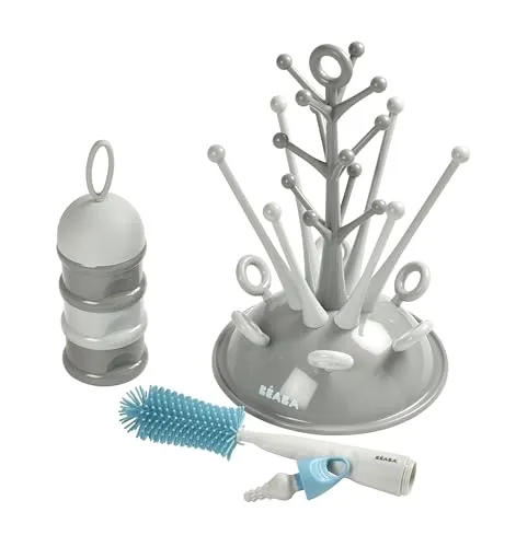 BÉABA, Baby-Geschenkset zur Geburt, Trockenständer für Babyflaschen, geräumig, Milchpulver-Portionierer, stapelbar, Flaschenbürste aus Silikon, Babylätzchen 100% Baumwolle, Motiv Tropical