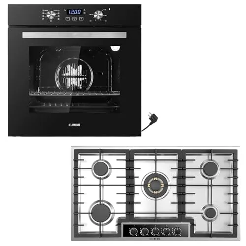 Gas Herdset | 60cm Einbaubackofen | Gaskochfeld 5 flammig 90 cm | Gasokchfeld mit VOLLKUPFER-BRENNERN | Kindersicherung | Grill | Heißluft | AQUA CLEAN