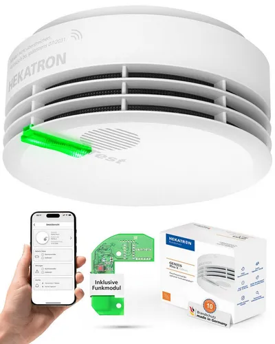 Hekatron Genius Plus X Bundle mit Funkmodul - Intelligenter Rauchmelder mit Funkmodul für einfachen Einsatz im Innenbereich. Ausgestattet mit mehrfarbigen LEDs und Drucktasten, sorgt er für Sicherheit und Komfort in Ihrem Zuhause.