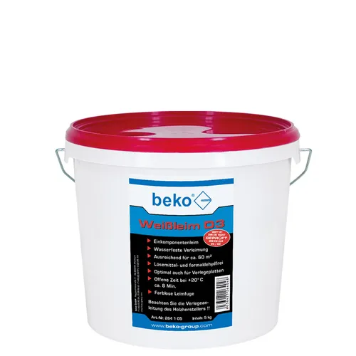 Beko Holzleim 264105, Weißleim D3, 5kg - Wasserfester Holzleim - Holzleim für universelle, wasserfeste Verleimung aller Holzarten. Ideal für Innenräume, mit erhöhter Temperatur- und Feuchtigkeitsbeständigkeit. Inhalt: 5kg, lösungsmittelfrei.