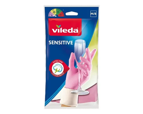 Vileda Latexhandschuhe Sensitiv – Baumwollbeschichtet, 1 Paar - Zuverlässige Reinigungshandschuhe für feine Arbeiten. Innen baumwollbeschichtet für hohen Tragekomfort. Ideal zum Spülen und im Haushalt. Größe M, in ansprechendem Rosa.