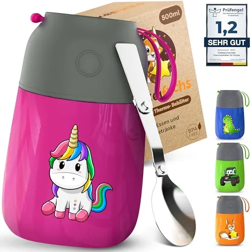Funkelfuchs® - Thermobehälter für Essen Kinder – 500ml, Pink Einhorn – 100% auslaufsicher - Warmhaltebehälter Essen Edelstahl – Thermobecher Essen – Thermo Lunchbox Kinder – Warmhaltebehälter Babybrei