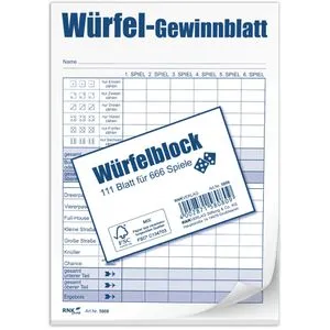 RNKVERLAG 5808 - Würfelspiel-Gewinnblatt, Block, DIN A6, FSC-Mix, 1 x 111 Blatt für 666 Spiele, 1 Stück