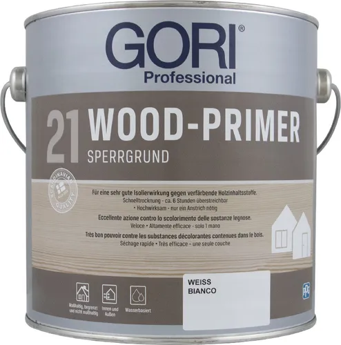 GORI 21 Wood-Primer 2.5 LTR - Weiße Isoliergrundierung für Holz - Hochwertige Sperrgrundierung in 2,5 l für Holz, ideal für eine optimale Haftung und ein gleichmäßiges Finish. Matt und vielseitig einsetzbar.