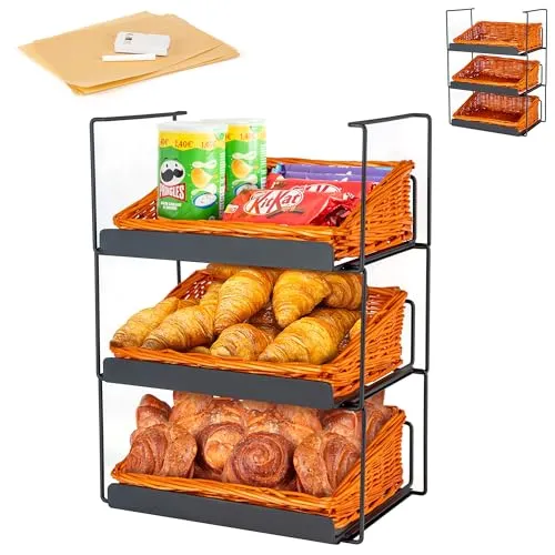 Ständer Regal mit Körben | Standregal Küche als Gemüse Regal, Aufbewahrung Kartoffeln Brot Obst | Küchenständerregal und Regalkörbe| Korb Etagere - Standregal schwarz 3x Korb Rattan | Willow Basket