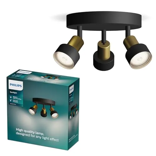 Philips Conduit Deckenstrahler GU10 Schwarz, Gold - Eleganter Deckenstrahler aus hochwertigen Materialien, mit beweglichen Spotköpfen für flexibles Lichtdesign. Ideal für stilvolle Wohnräume, ohne integriertes Leuchtmittel - wählen Sie Ihre Wunschlampe mit GU10 Sockel.
