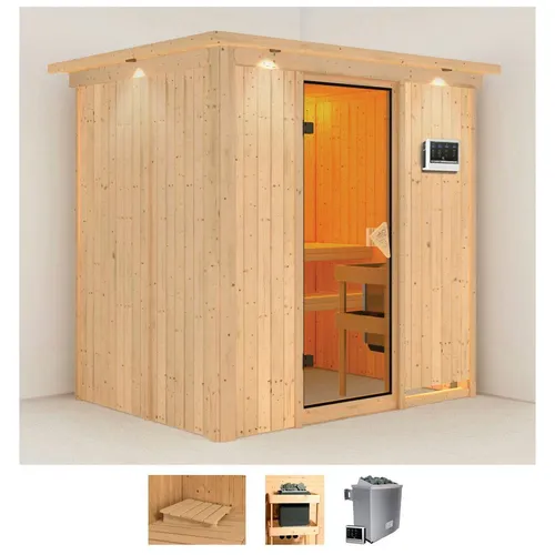 Karibu Sauna Bedine, 210 x 165 x 202 cm, 9 KW-Ofen - Innensauna mit 68 mm Wandstärke, bietet entspannende Wellnesserlebnisse und gesundheitliche Vorteile wie Muskelentspannung und Hautreinigung.
