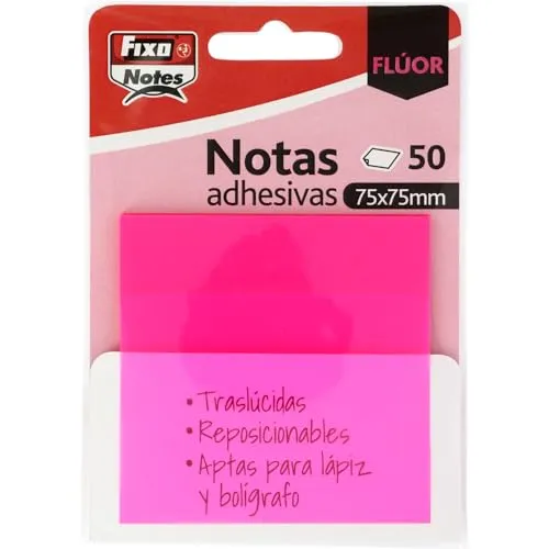 Fixo Notes | Transparente Haftnotizen | 50 Notizen 75 x 75 mm | Kunststoff | Neonpink | wiederverwendbar und wasserdicht | Perfekt für Schulbücher und Bürodokumente