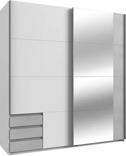 Schwebetürenschrank Emden – Moderner Kleiderschrank mit Spiegel - Kleiderschrank für Erwachsene mit 2 Türen, modernem Design und praktischen Schubfächern. Ideal für Ihr Schlafzimmer, bietet viel Stauraum und eine elegante Spiegeloberfläche.