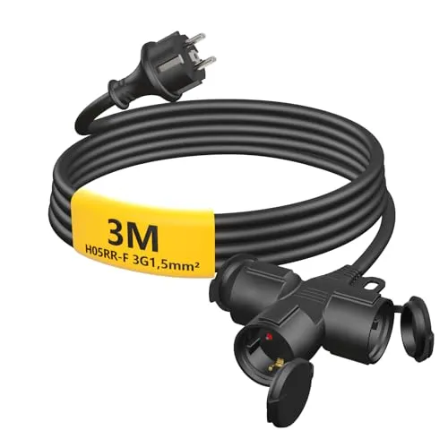 Verlängerungskabel Outdoor 3m mit 3 Schuko-Steckdosen, Gummi Verlängerung 3500W mit Schutzkappe für den Außenbereich IP44, Stromkabel H05RR-F 3G1,5mm² mit 3-Fach Verteiler, 16A/250V, Schwarz