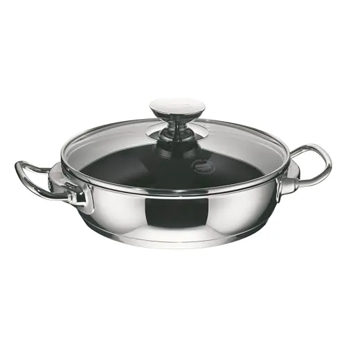 Berndes Injoy Allrounder Servierpfanne 28 cm mit Glasdeckel - Pfannen – Hochwertige Edelstahlkonstruktion mit PTFE-Antihaftbeschichtung für fettfreies Kochen und einfache Reinigung. Induktions- und backofengeeignet, ideal für vielseitige Kochanwendungen.