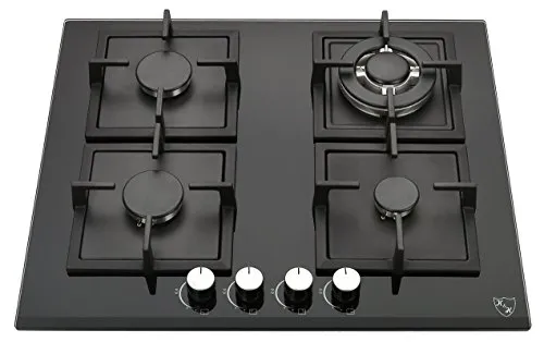 K&H Glas Gaskochfeld 58cm [4 ZONEN] - Gasherdplatten Erdgas - Wok Brenner - Thermoelement Flammenaustrittssystem - 4Z-KHG - Autark - Gasbetrieben - Gehärtetes Sicherheitsglas - Abschaltautomatik
