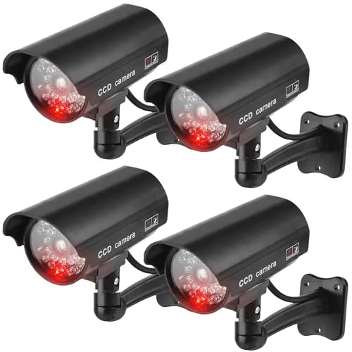 GAOUTO 4 Stück Dummy Kamera, Attrappe Kamera CCTV, Dummy Überwachungskamera mit Blinkender LED Fake Sicherheitskamera, Kamera Atrappe Außen, Fake Kamera für Zuhause Büro Überwachung, Schwarz