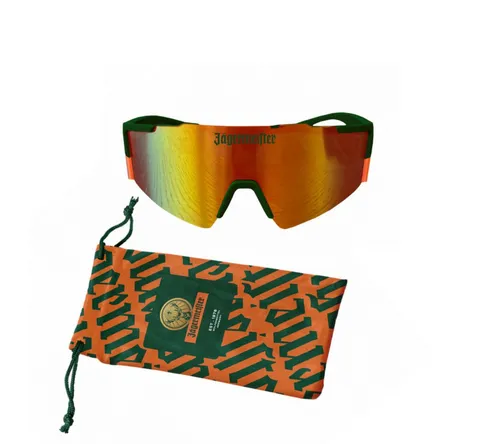 Jägermeister Sportbrille – Recycled Edition - Stylische Sonnenbrille aus 100% recyceltem PET, ideal für Festivals und Sport. Mit verspiegelten Gläsern und robustem Design schützt sie deine Augen und setzt ein Zeichen für Nachhaltigkeit.