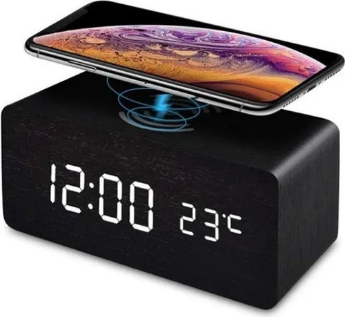 Digitaler LED Wecker mit kabellosem Laden, schwarz - Moderne Digitaluhr mit LED-Anzeige und Qi-Ladefunktion, ideal für Nachttisch oder Schreibtisch. Elegantes Design mit Holzfinish und Touchfunktion für energiesparenden Betrieb.