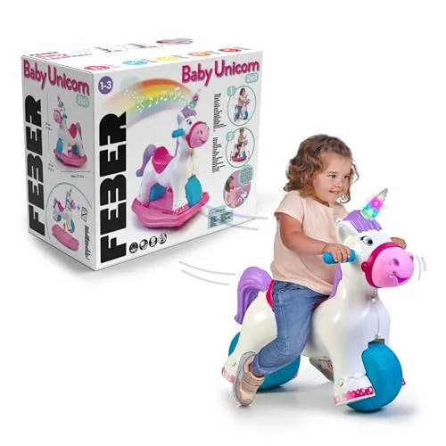 Feber® Schaukeltier Baby Unicorn 2in1 mit Licht- und Soundeffekt - Das vielseitige Einhorn-Rutschauto bietet Schaukeln und Reiten in einem. Mit realistischen Geräuschen und breiten Rädern fördert es spielerisch Gleichgewicht und Koordination. Inklusive Demobatterien.