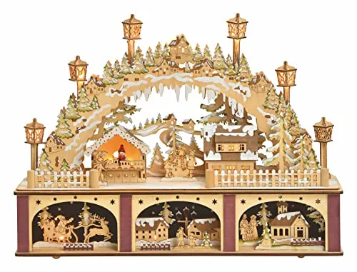 LED Holz Schwibbogen Weihnachtsmarkt - 45 x 30 cm, mit 15 warmweißen LEDs für stimmungsvolle Weihnachtsdekoration, batteriebetrieben und ideal für Tisch oder Fenster